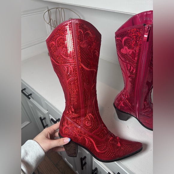 **SOLD**Helen’s Heart Red Sequin Western Boots Women’s Size 7 | Sparkly Cowgirl - Picture 6 of 7